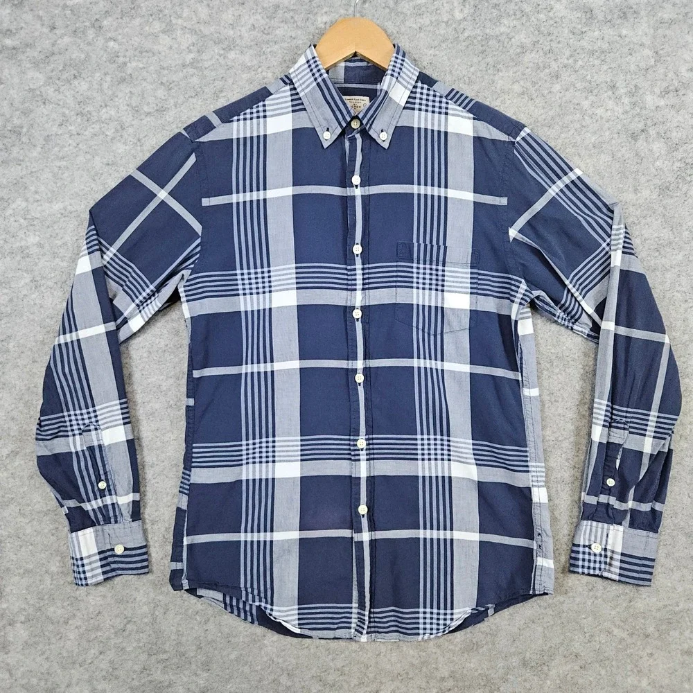 J Crew Summer Plaid Shirt Men's Size S Button Down Cotton Blue White Casual HOLE
